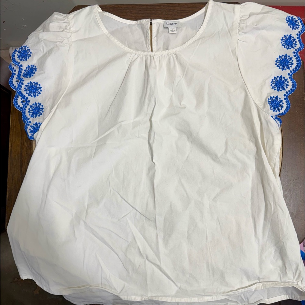 J. Crew Cream Blouse with Blue Floral Embroidery